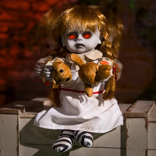 Halloween Animatronic 10inch Creepy Girl Doll Halloween Animated Decorations with Sound Activated Spooky Sound Light Up Eyes Scary Move Haunted House Holiday Decor Horror Prop for Indoor Outdoor