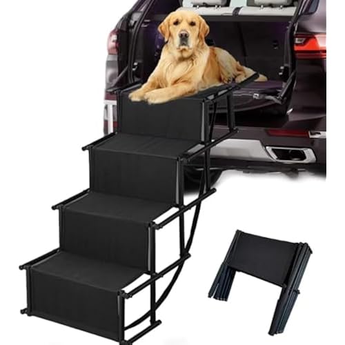 Foldable Dog Ramp Car Stairs Dog Ramps for Large Dogs Aluminum Frame 4 Steps Dogs Portable & Lightweight Pet Stairs Dog Stairs for Medium and Large Nonslip Pet Ramp for Cars Trucks and SUV