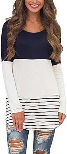 Hount Womens Back Lace Color Block Tunic Tops Long Sleeve T-shirts Blouses with Striped Hem