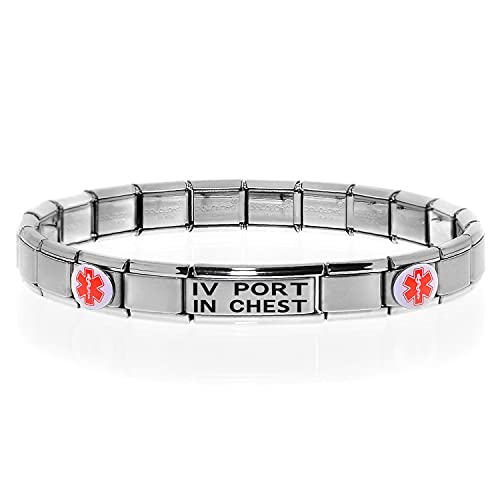 Iv Port In Chest Medical Alert Id Bracelet For Women And Men - Stretchable Modular Charm Link - Stainless Steel #TOP4