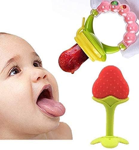 Image of BabyGo Silicone Fruit Food Nibbler & Infant Teether Set | BPA-Free Pacifier Feeder with Soft Nipple Gum Soother, Baby Chew Toy for Teething Relief & Oral Development (Pack of 2, Multicolor)
