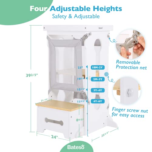 Bateso Toddler Wooden Step Stool With 2 Removable Protection Nets, Adjustable Height Toddler Kitchen Stool, Toddler Tower Step Stool For Kitchen Counter, Bathroom Sink - White #TOP4