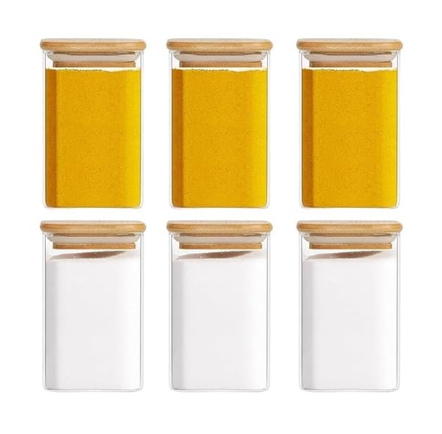 6-Pack 280 ml Borosilicate Glass Jars with Airtight Bamboo Lids – Premium 280 ml Spice Jars, Food-Grade Storage Containers, Airtight, Dishwasher Safe, Kitchen Pantry Organiser BV