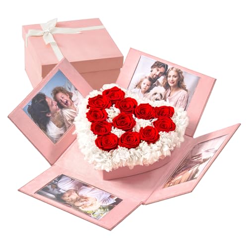 Eterfield Forever Flowers 12-Piece Preserved Roses in an Explosion Box Preserved Flowers for Delivery Prime Gifts for Wife Mother Mothers Day Valentines Day (Red Roses, Square Pink Box)