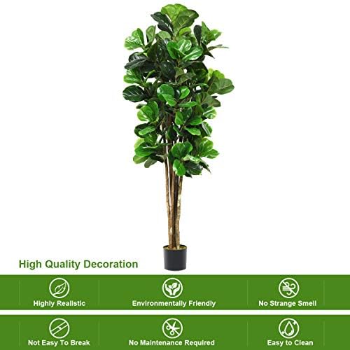 COSTWAY Artificial Trees with Plastic Pot, Lightweight & Easy to Clean Fiddle Fig Tree, Non Toxic Materials, Fake Decorative Plants for Home Office Lobby Restaurant (Green, 1.8m)