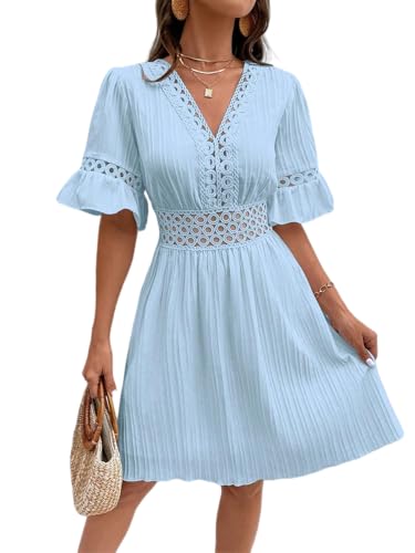 Image of Womens Summer Dresses V-Neck Lace Insert Flounce Casual Lightweight Sleeve Midi Dresses for Women 2025 Trendy