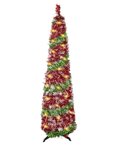150cm / 5ft Sapin de Noël Artificiel, Pliable Pop Up Tinsel Crayon Sapins de Noël avec lumière LED pré - illuminée décoration de Noël intérieur décoration de Maison (Red Green) Cover