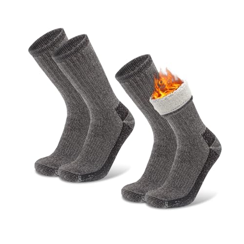 2 Pack Warm Thick Thermal Merino Wool Blend Hiking Socks for Men Women Thick Cushioned Crew Boot Socks for Winter Cold