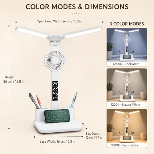 Image of One94Store SmartTwin Pro Design Rechargeable LED Table Lamp | Dual Arm Desk Light with Fan & Phone Holder | Touch Control Dimmable Study Lamp | 2400mAh Battery | USB Powered (White)