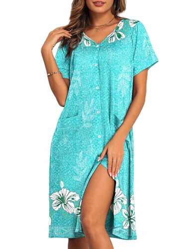 Ekouaer House Dresses for Women with Pockets Button Down Nightgowns Plus Size Moo Moos Mumu Dresses Light Green Floral 3XL