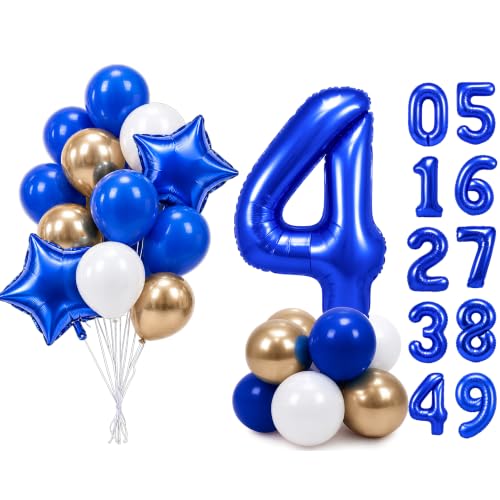 Image of PartyWoo Royal Blue Number 4 Balloon 40 Inch 25pcs Blue Star White Gold