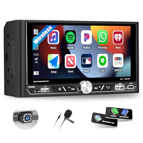SIXTOP Double DIN Car Radio with Wireless Carplay Android Car, 6.8 Inch Touchscreen Display 2 DIN Radio with Mirrorlink Bluetooth FM/AM/RDS EQ Navi SWC AUX USB + Reversing Camera