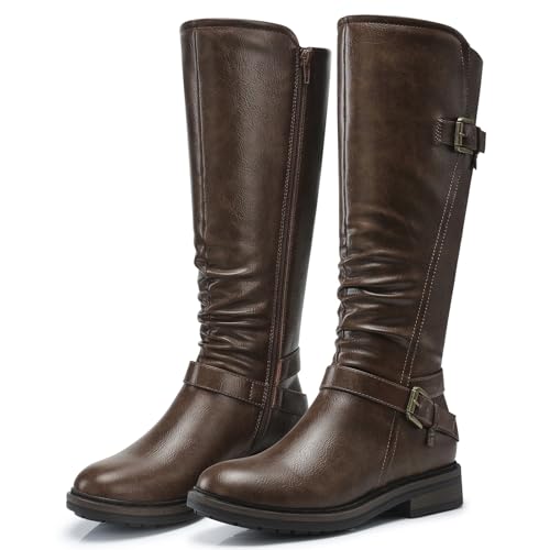 SHIBEVER Women's Knee High Boots Comfortable Round Toe Low Heel Tall Booties with Side Zipper Fall Winter Dressy Shoes