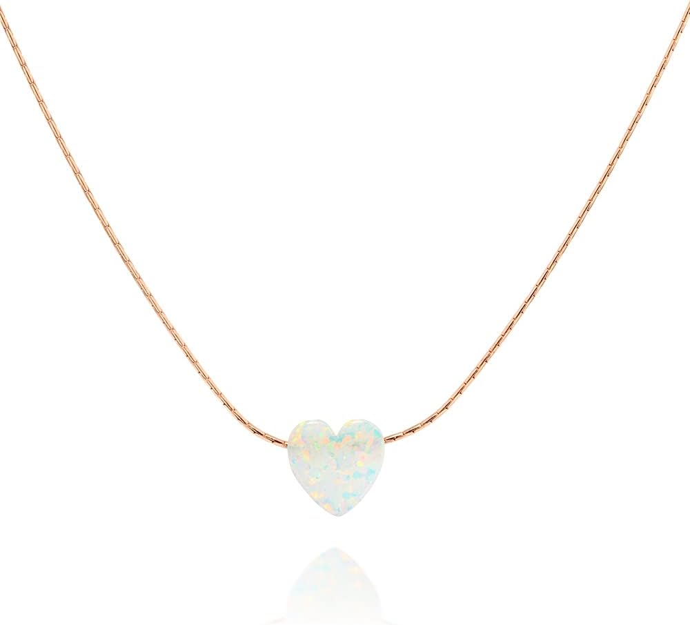 Opal Heart Choker Necklace - Gold Filled, Sterling Silver or Rose Gold, Dainty Short Necklace for Women, Blue, White or Pink Love Pendant 13.5"-16.5" - Image 2