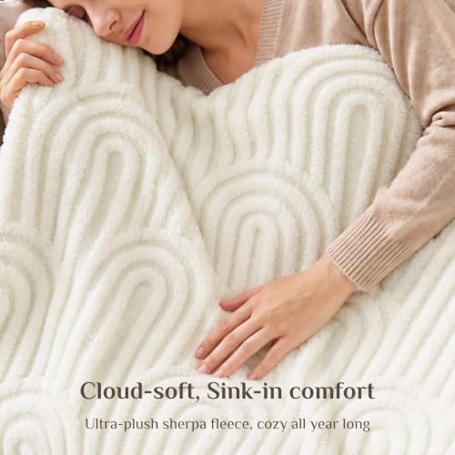 Image of BEDELITE Cream White Boho Fleece Throw Blanket for Couch, 50x60 Inches