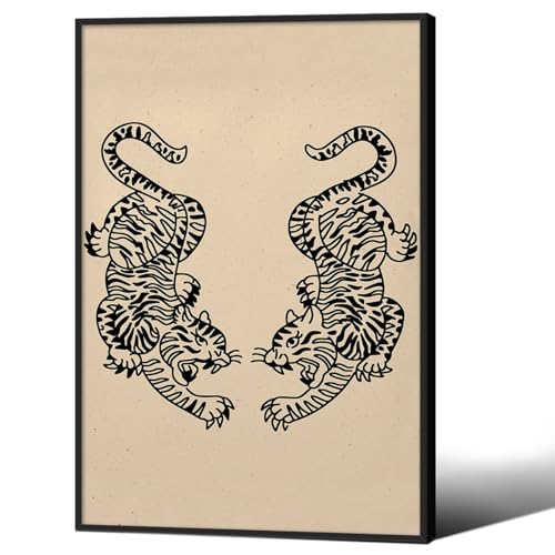 Minimalist Tiger Poster Vintage Japanese Wall Art Funky Retro Animal Tiger Fighting Painting Canvas Prints 24x36 inch Black Framed for Living Room Bedroom Wall Decor