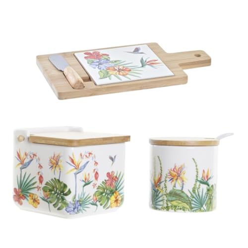 MAGMAHOME saleiro e açucareiro de cozinha com tampa de madeira de bambu rebatível - saleiros de cozinha em cerâmica - cozinha saleiro conjunto de açucareiro e saleiro cozinha (salazu-tropi-mesa)