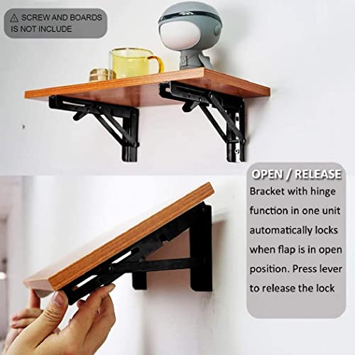Image of L Angle Bracket 40cm Heavy Duty Foldable Wall Mounted Shelf Bracket Set with Release Arm Mechanism - Black Metal Support Brackets for Wooden Board (8 Inch)
