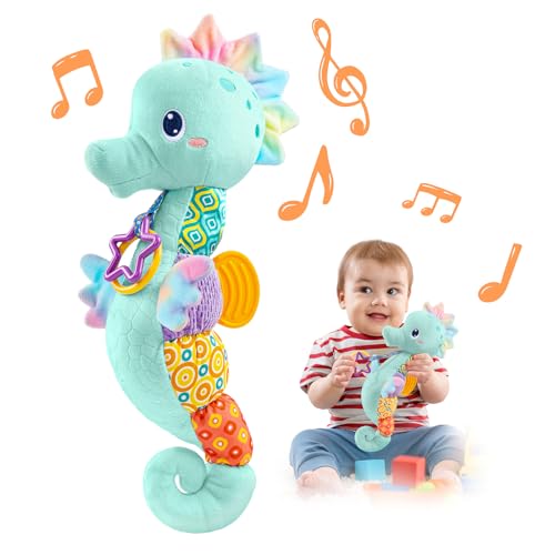 LIGHTDESIRE Baby Toys Musical Seahorse,Infant Stuffed Animal Toys with Crinkle and Rattles,Soft Sensory Toys with Textures for Tummy Time Newborn Boys Girls 0 3 6 12 Months(Blue)