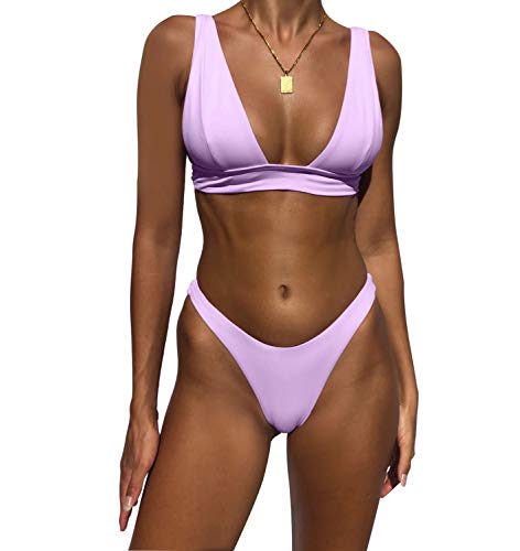 Jeniulet Women s Bikini Set Sexy Solid Padded Brazilian Triangle Thong Bikini Adjustable Strap Two Piece Bathing Suits Lavender