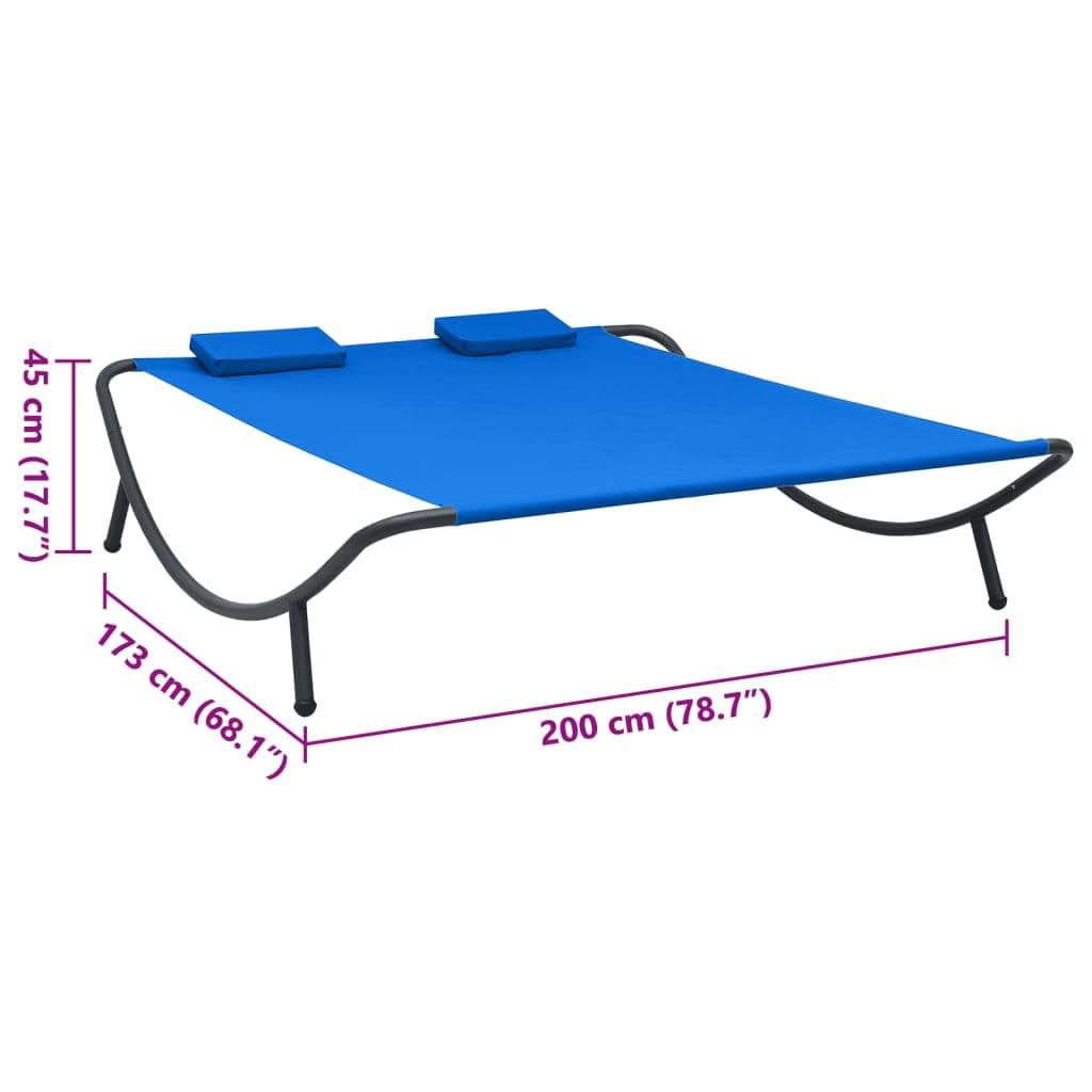 Lettino prendisole blu in tessuto Oxford e acciaio, 200 x 173 x 45 cm, con 2 cuscini, fodere lavabili, per giardino, terrazza, balcone, piscina e spiaggia, resistente alle intemperie