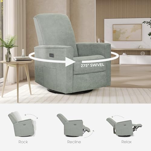 Image of Evolur Harlow Upholstered Power Glider Recliner with USB Charging - Rocking & 275 Swivel with Smooth Glide - Greenguard Gold & FSC Certified - Modern Nursery and Living Room Chair in Sage