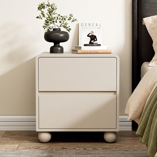 Image of Furniway Beige Nightstand Set of 2, Modern 2 Drawer Bedside Table with Curved Profile Design and Handle-Free Drawers, Modern End Table with Storage for Bedroom