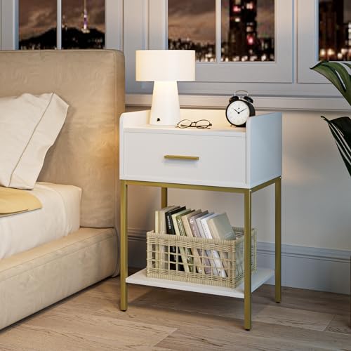 HEYZOEY Table de chevet blanc, Table de nuit moderne à 3 niveaux Petit meuble de nuit Table d'appoint avec tiroir et étagère pour chambre à coucher, salon,...