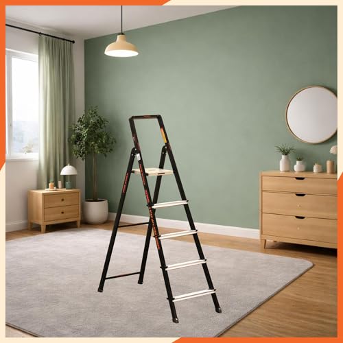 Image of Prime Magnus 5-Step Hybrid Step Ladder | Steel Frame + Aluminium Steps | Heavy Duty Ladder for Home | Anti-Skid Platform | 150 KG Load Capacity | 5 Year Warranty | Made in India | Black & Silver