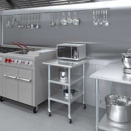 Image of AmGood Stainless Steel Work Table with 2 Shelves and Casters (Stainless Steel Work Table with 2 Shelves + Casters, 24 inch Long x 30 inch Deep)