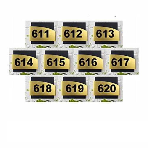 Image of Combo Number Plate | Combo SET611-620(Pack of10)| Laser Cut Acrylic Black and Gold Color Smooth Finish Plate with Double Side Tape on Backside