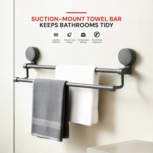 Image of MIORAH Suction Towel Holder for Bathroom - Rust - Free Powder Coated Wall Mounted Towel Rack No Drill Towel Rack Modern Bathroom Accessories Organizer Grey
