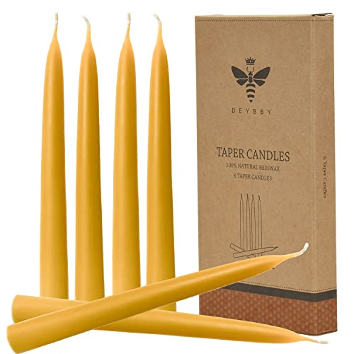 Natural Beeswax Taper Candles, DEYBBY Smokeless and Dripless Beeswax Candles 6 Pack, Long Lasting Burning Non Toxic, 10 inch