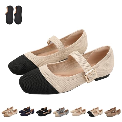 Women's Mary Jane Flats with Arch SupportSquare Toe Ballet Flats, Comfortable Knit Dress Shoe Adjustable Strap On Shoes Shoes