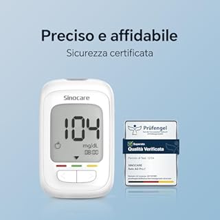Sinocare Misuratore Glicemia, Glucometro con 100 Strisce Glicemia e 100 Lancette, Elettrodo d'argento più Preciso, Risultati in mg/dL