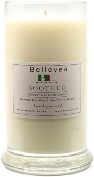 16 oz Bellevea Soothed Candle - Scent of Vanilla, 75 to 85 Hours Burn time, Premium Coconut Wax Blend, Relaxing Scented Candle (Large)
