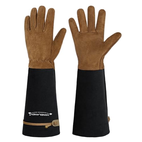 HANDLANDY Long Gardening Gloves for Men & Women, Pigskin Leather Rose Pruning Gloves, Breathable Thorn Proof Gauntlet Glove (Brown-Pigskin, M)