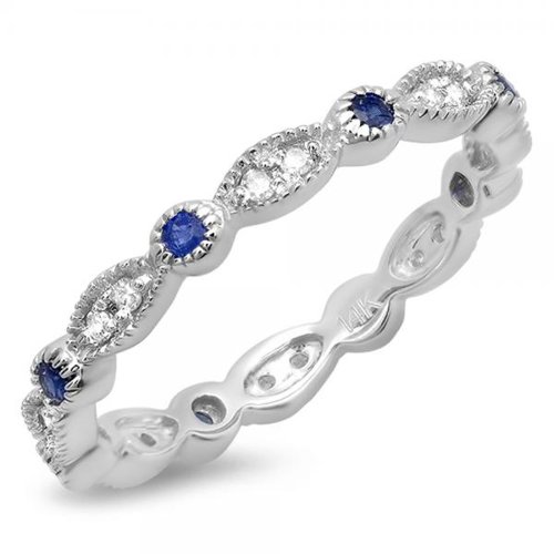 Imagen de Anillo de boda apilable de oro de 10 quilates con zafiro azul y diamantes blancos estilo vintage para mujer