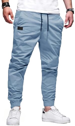 PADOLA Chino Hose Herren Baumwolle Cargohose Elastische Taille mit Kordelzug Casual Hosen mit Multi-Taschen Einfarbige Jogginghose Slim Fit Trainingshose Freizeithose Schlupfhose (3 Hellblau, L) PADOLA Chino Hose Herren Baumwolle Cargohose Elastische Taille mit Kordelzug Casual Hosen mit Multi-Taschen Einfarbige Jogginghose Slim Fit Trainingshose Freizeithose Schlupfhose (3 Hellblau, L)