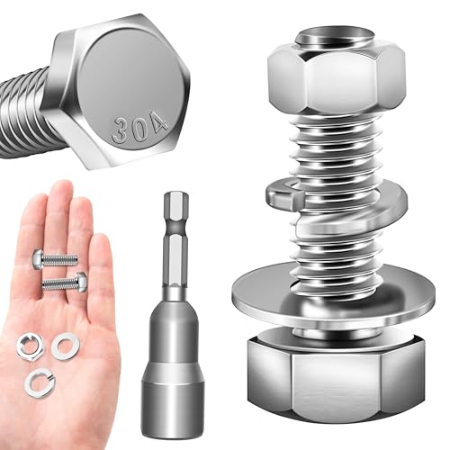 Image of (12 Sets) 1 /4-20 x 1 Hex Head Screws Bolts and Nuts Kit with 1 /4-20 Bolt, 1 /4-20 Nuts, Flat & Lock Washers, Fully Threaded, 1 /4 20 Stainless Steel Bolts, Bright Finish by Marysino