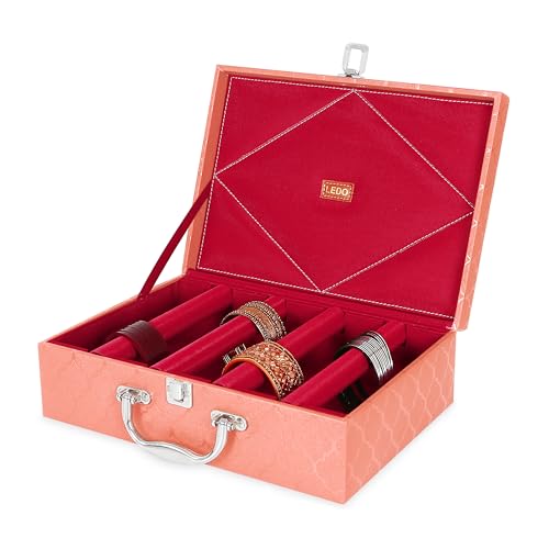 Image of LEDO Bangle Box Organizer Holder Case for Women in PU Leather with 4 Rods in Peach Color