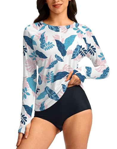 SANTINY Women's Rash Guard UPF50+ SPF Long Sleeve Swimsuits Top UV Sun Protection Swim Shirts for Woman with Zip (Pink Leaves_XL)