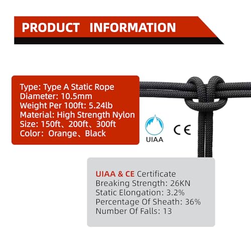 FUEMEILY UIAA Static Climbing Rope 10.5mm, 45M(150FT) Nylon Kernmantle Rappelling Rope for Survival Rescue Cord Rock Mountaineering Climbing Hauling by FUEMEILY - Image 2