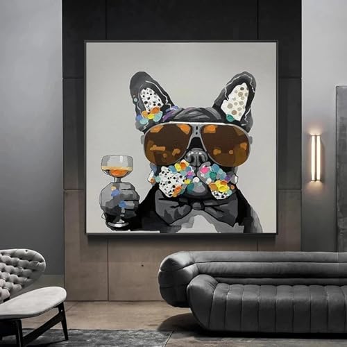 Toile graffiti chien lunettes 60x60cm avec cadre interne dsdsgog