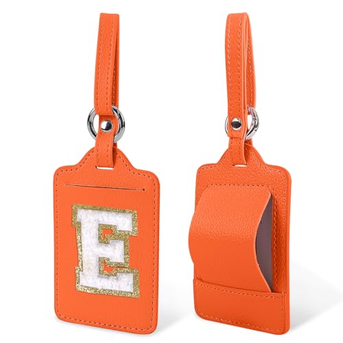 Personalized Initial A-Z Luggage Tag for Suitcases, PU Leather Luggage Tags with Privacy Cover Name Card,Orange Cute Monogrammed TSA Approved Luggage Baggage Handbag Tag for Women Kid(1 PACK Letter E)