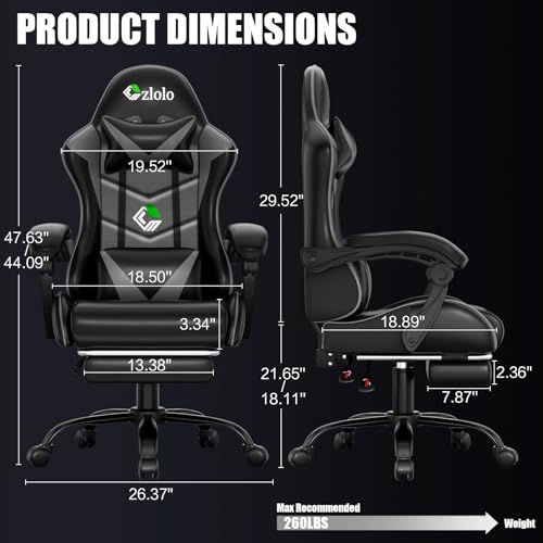 Image of Czlolo Gaming Chair with Footrest Racing Style Lumbar Support Massager Video Game Chair with Metal Legs, High Back Reclining Gamer Chair with Headrest, 360 Swivel Office Computer Desk Chair (Gray)