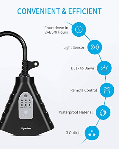 Syantek Outdoor Light Timer, Outdoor Wireless Outlet, Waterproof Plug In Timer Switch, 100 Ft Range Remote Control With 3 Ground Outlets Or Outdoor Holiday Decorations Lights, Fcc Certified #TOP1