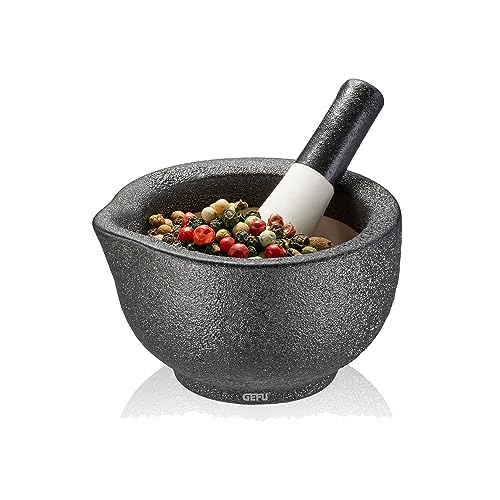 GEFU Mörser GRINO – Mörser mit Stößel aus Porzellan, edle Gussoptik, Gewürzmörser für Gewürze und Pesto, Durchmesser 7,7 cm