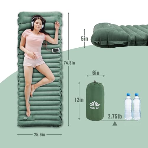 Image of Night Cat Camping Sleeping Pad: Lightweight Backpacking Inflatable Sleeping Mat with Internal Pillow & Foot Pump