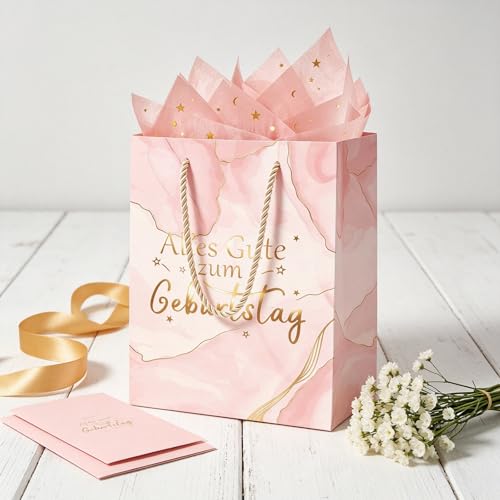 Sac cadeau d'anniversaire rose avec poignée + 1 carte de vœux + 3 feuilles de soie sacs en papier réutilisables (20 x 10 x 25 cm) pour femmes, filles, fête pour enfants – vue 3